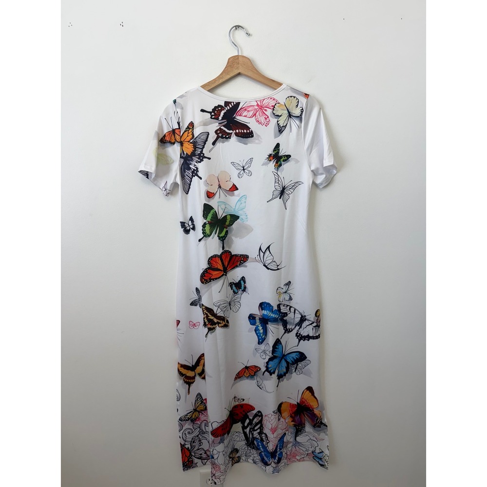 Women's White Dress with Butterfly Print & Side Slits – Size Small – NWOT - Picture 5 of 6